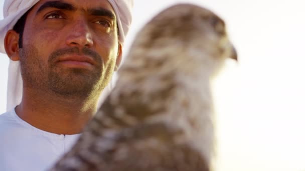 Hombre con el pájaro de presa de pie en las arenas del desierto — Vídeos de Stock