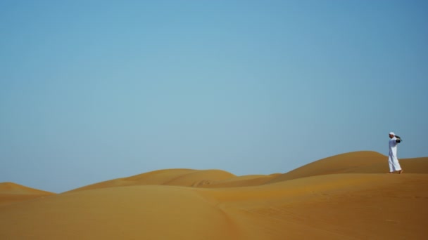 Man with bird of prey standing on desert sands — Stock Video