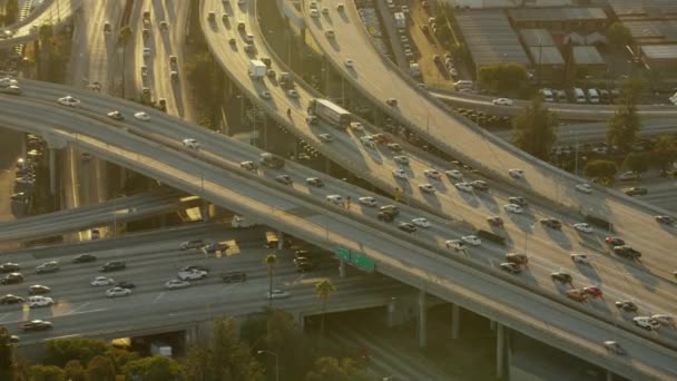 Aerial sunrise view of busy freeway system Los Angeles USA — Stock Video