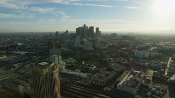 Aerial view LA city skyline from Union Station — Stock Video