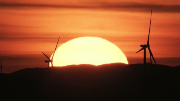 Luchtfoto van silhouet windpark bij zonsondergang Californië — Stockvideo