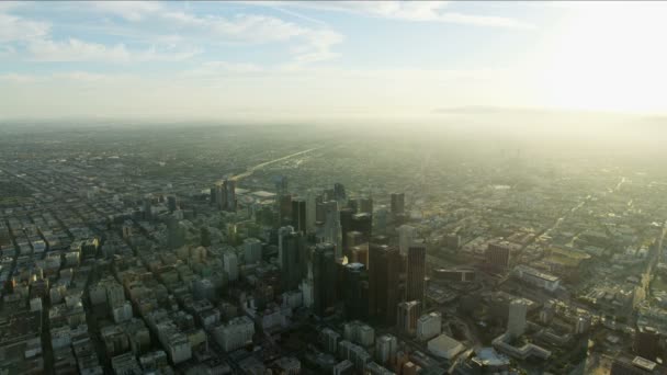 Aerial view downtown Los Angeles cityscape at sunset — Stock Video