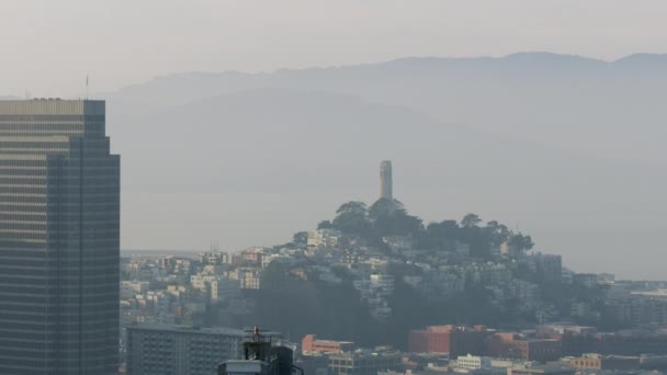 Aerial Coit Tower San Francisco air pollution USA — Stockvideo