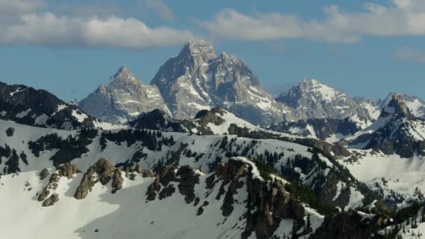 Aerial view Mount Moran Grand Teton mountain range — Stockvideo