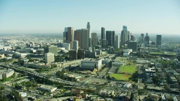 Aerial view Los Angeles city Freeways skyscrapers California — Stock Video