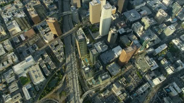 Aerial overhead view Harbor Freeway and LA skyscrapers — Stock Video
