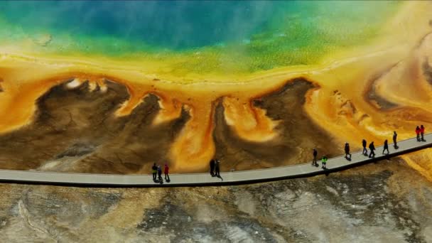 Aerial view hot geothermal geyser water Yellowstone Park — Stock Video