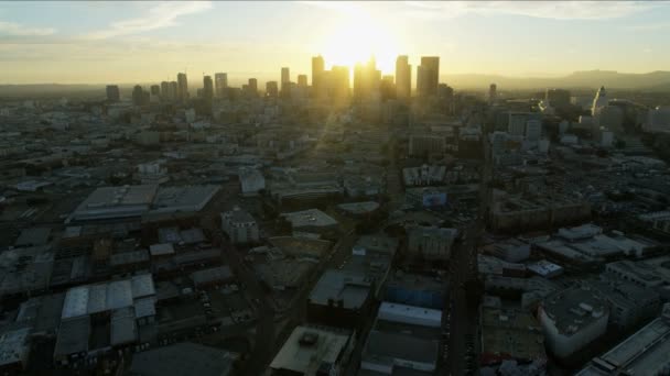 Aerial view LA financial district skyline at sunset — Stock Video