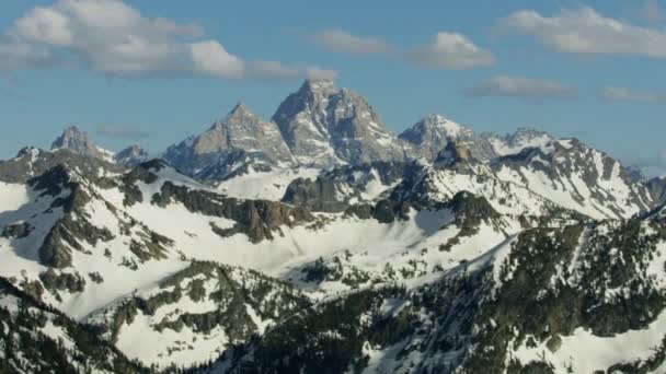 Aerial view Grand Teton mountain range snow Wyoming — Stockvideo