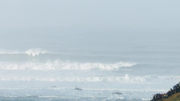 Воздушные люди смотрят большие волны серфинга Mavericks США — стоковое видео