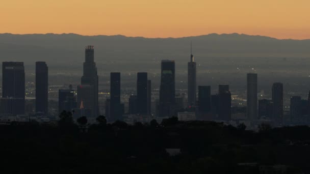 Aerial sunrise view Los Angeles financial district skyline — Stock Video