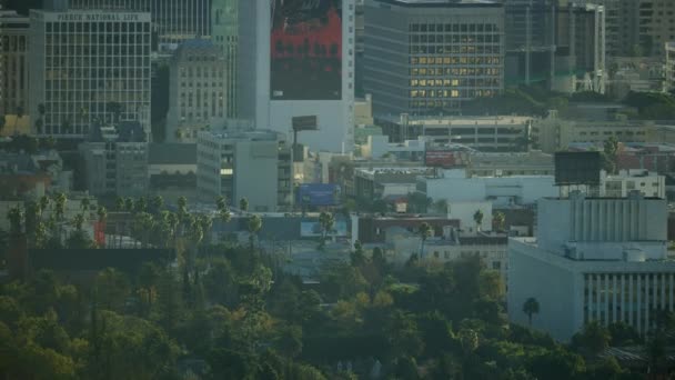 Εναέρια ανατολή άποψη εμπορικά κτίρια LA ουρανοξύστες της πόλης — Αρχείο Βίντεο