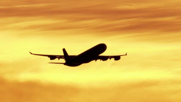 Luchtfoto vliegtuig silhouet bij zonsondergang Los Angeles — Stockvideo