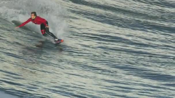 Aerial surfer riding large wave Mavericks California USA — Stock Video