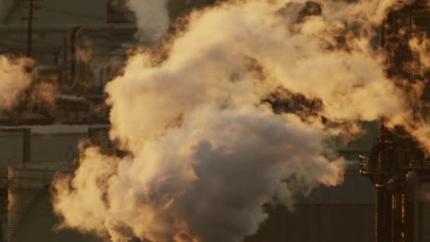 Letecký výhled na západ slunce smokstack emise rafinérie Los Angeles — Stock video