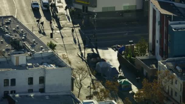 Aerial sunrise view homeless population Skid Row LA — Stock Video