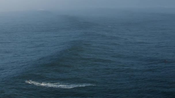 Aerial View Surfers Riding Waves Water Surface Pacific Ocean Mavericks — Stock Video