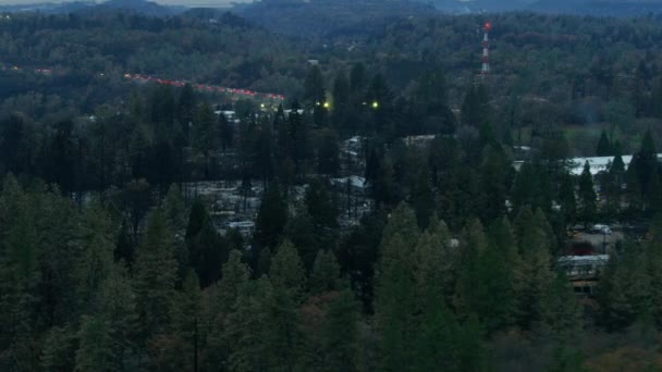 Aerial night Paradise Utility company vehicles wildfire California — Stock Video