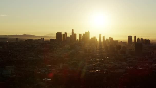 Aerial cityscape view central Los Angeles at sunrise — Stock video