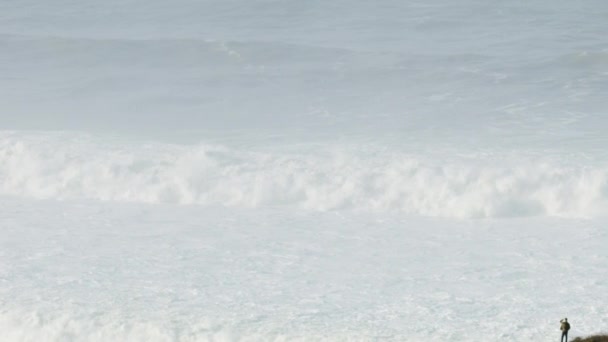 Aerial tourists watching large waves surfing Mavericks USA — Stock Video