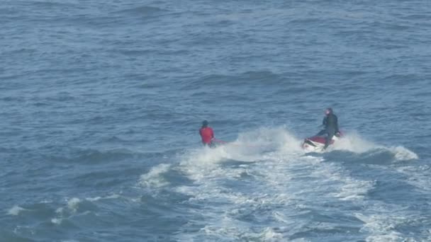 Aerial surfer is towing riding waves Mavericks USA — Stock Video