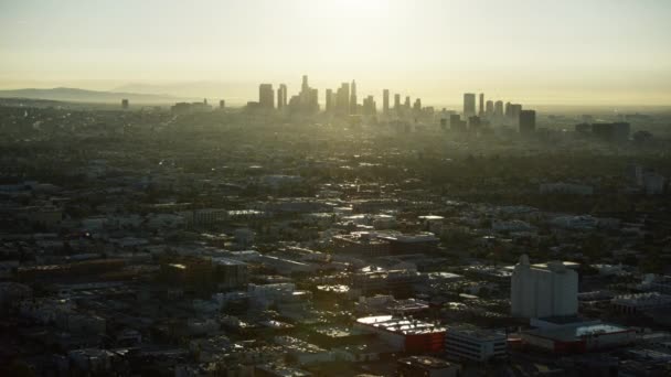 空中からの眺め日の出のロサンゼルスの街並み｜USA — ストック動画