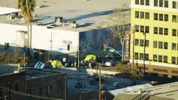 Aerial sunrise view homeless shelters Skid Row LA — Stock Video