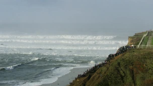大きな波のサーフィンイベントを見て空中の人々マーベリックス — ストック動画