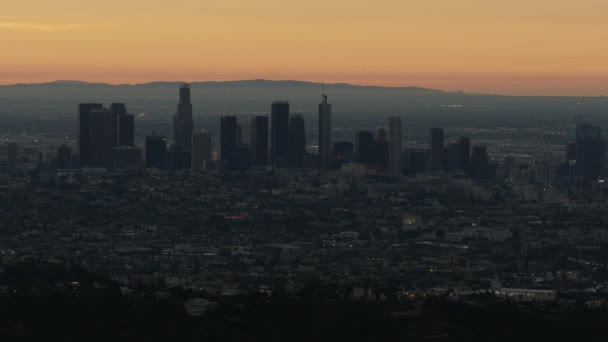 Aerial view central Los Angeles cityscape at sunrise — Stock Video