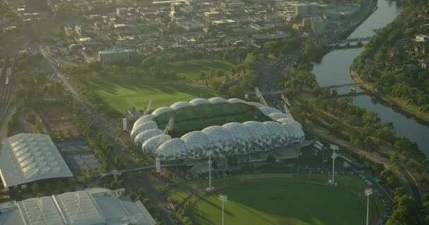 Вид з повітря на схід сонця Melbourne Rectangular Stadium Australia — стокове відео