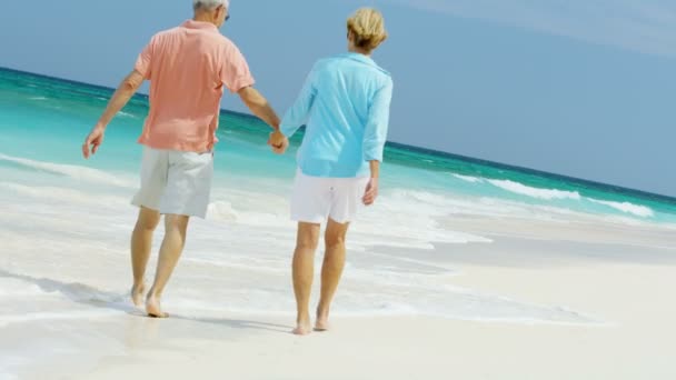 Houden van senior paar wandelen op strand vakantie Bahama 's — Stockvideo