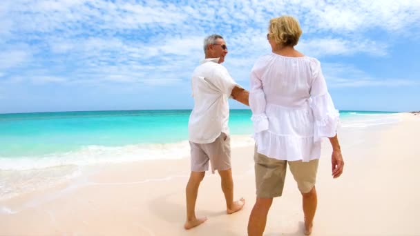 引退した白人カップルはバハマの屋外ビーチを歩く — ストック動画