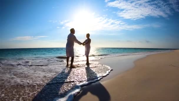 Silhouette eines älteren Paares tanzt am Strand der Bahamas — Stockvideo