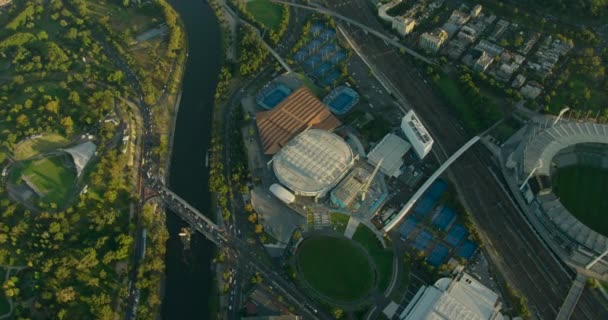 Letecký pohled na východ slunce Melbourne Sport a zábava Okres — Stock video