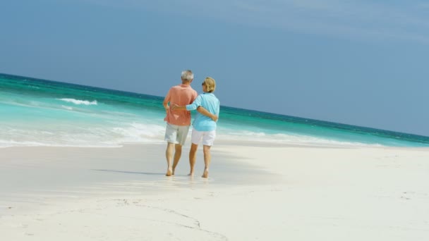 Liebevolle männliche und weibliche Senioren am Strand Bahamas — Stockvideo