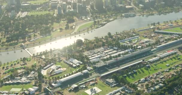 Vista aérea Estádio Melbourne Grand Prix ao nascer do sol — Vídeo de Stock