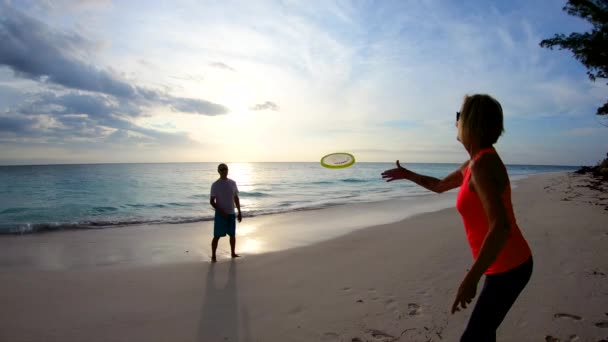 Silhuett av äldre par njuter Frisbee vid soluppgången — Stockvideo