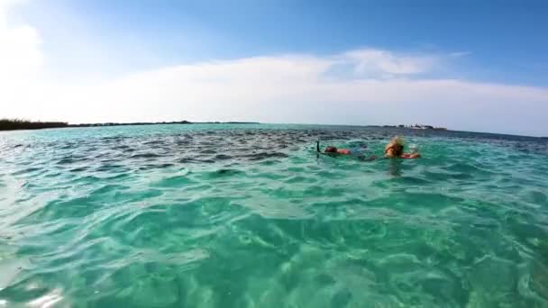 Aposentado casal americano caucasiano snorkeling e natação Bahamas — Vídeo de Stock