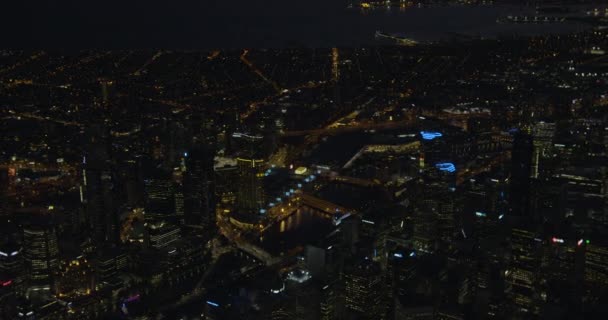 Aerial view at night Melbourne cityscape illuminated lights — Stock Video