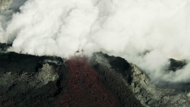 Aerial view red hot magma ocean steam rising — Stock Video