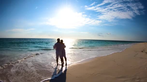 Silhouette eines Rentnerpaares tanzt am Strand der Bahamas — Stockvideo