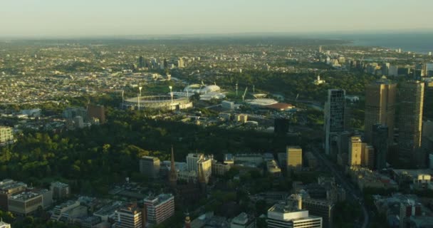 Fra luften solnedgang udsigt Melbourne Sport og underholdning distrikt – Stock-video