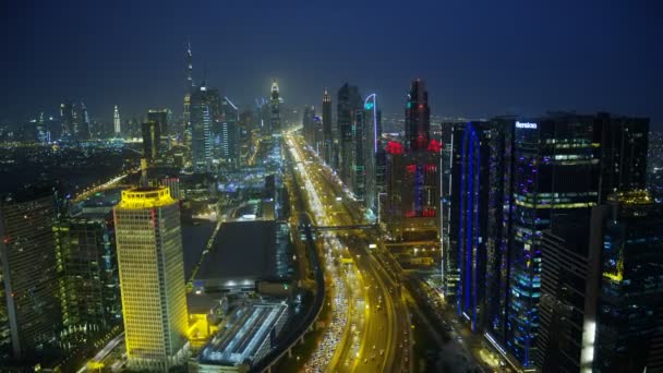 Luftaufnahme Sheikh Zayed Straße Nacht Wolkenkratzer Dubai — Stockvideo