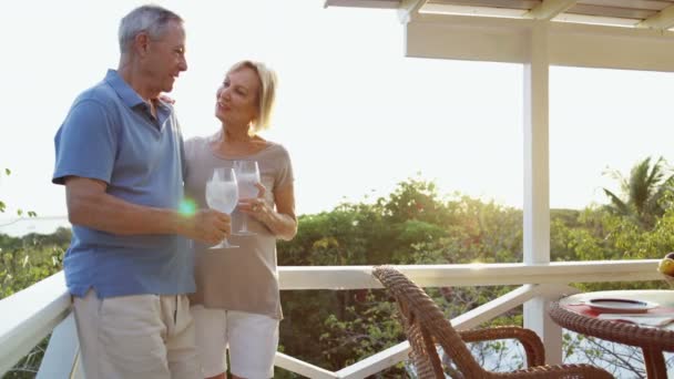 Kaukasisches Rentnerehepaar stößt auf Heimatterrasse Bahamas an — Stockvideo