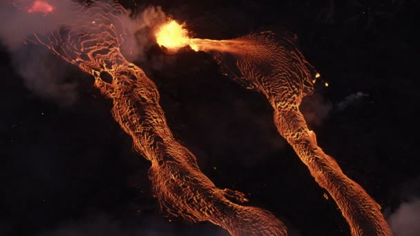 Aerial view volcanic fissures pouring out lava liquid — Stock Video