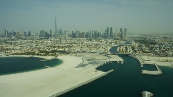 Aerial view Tolerance Bridge Dubai Creek canal UAE — Vídeos de Stock