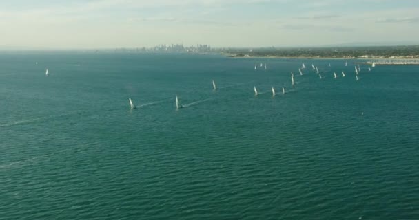 Luchtfoto zonsondergang uitzicht zeilen Port Phillip Bay Melbourne — Stockvideo