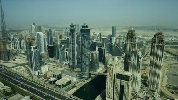 Aerial view Downtown skyscrapers Burj Khalifa Business Bay — Stock Video