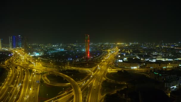 Luchtfoto verlicht uitzicht Dubai Frame Zabeel Park Verenigde Arabische Emiraten — Stockvideo