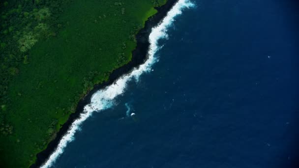 Aerial view Pacific ocean coastline cooled lava rock — Vídeo de stock